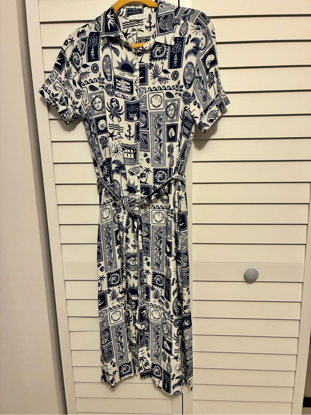 Navy & White Printed Midi Shirt Dress with Tie Waist